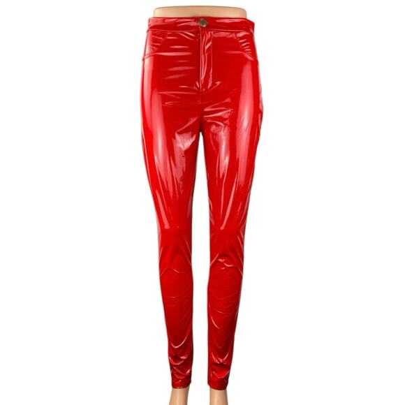 NEW Fashion Nova Tummy Tuck Women Red Faux Leather Vegan Patent Leggings Pants S - Picture 2 of 6